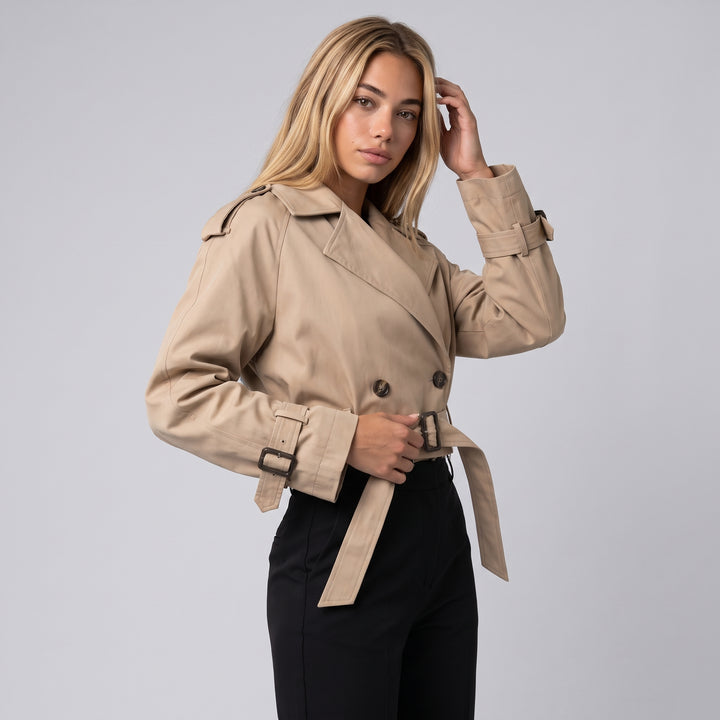 Dama Washington Liesel women's cropped belted coat - model front view