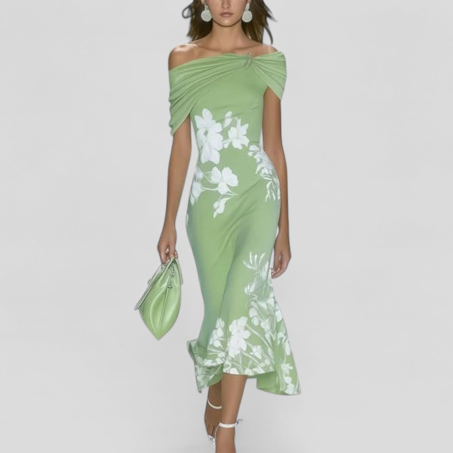 Ada | Women's Off Shoulder Floral Midi Dress Green White