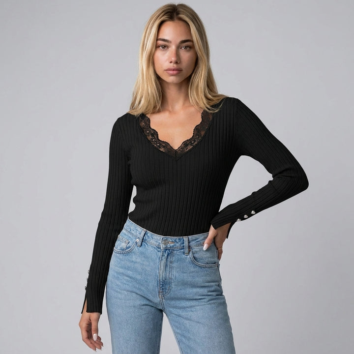 Dama Washington Vera women's ribbed long sleeve top Black lace v neck - model front view