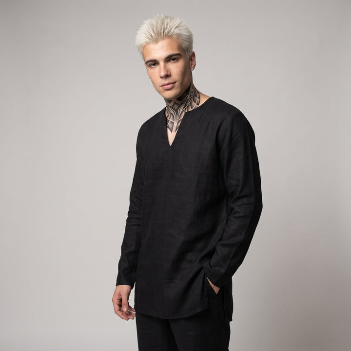Dama Washington Arlo men's boho linen long shirt black v neck - model front view