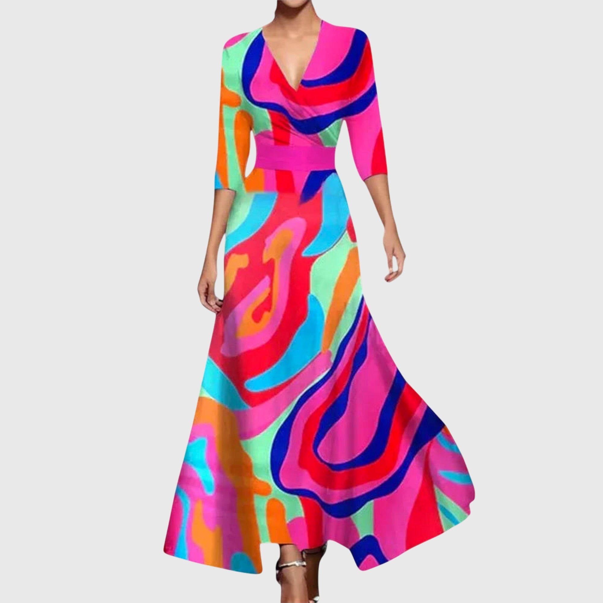 Mia | Women's Floral Maxi Dress Red Blue Three Quarter Sleeve