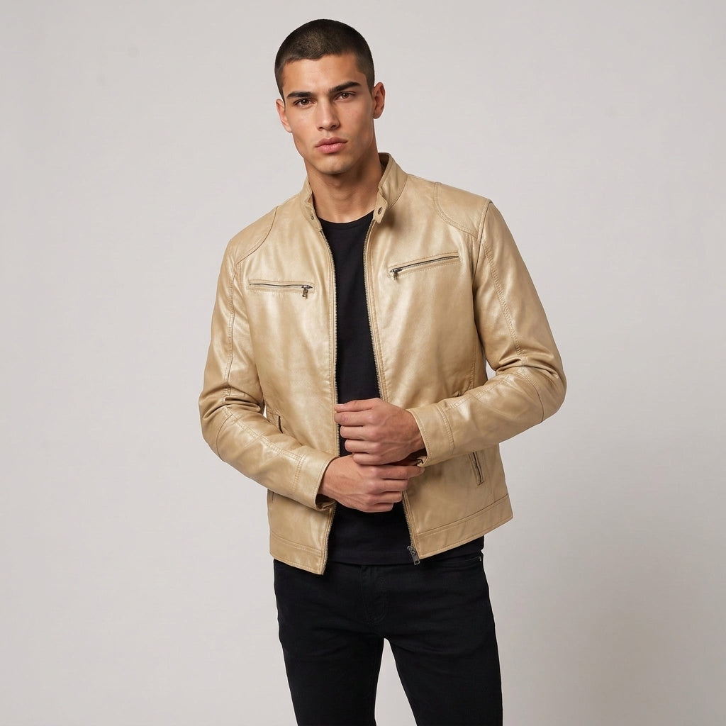 Dama Washington Beau zip up leather jacket Beige - model front view