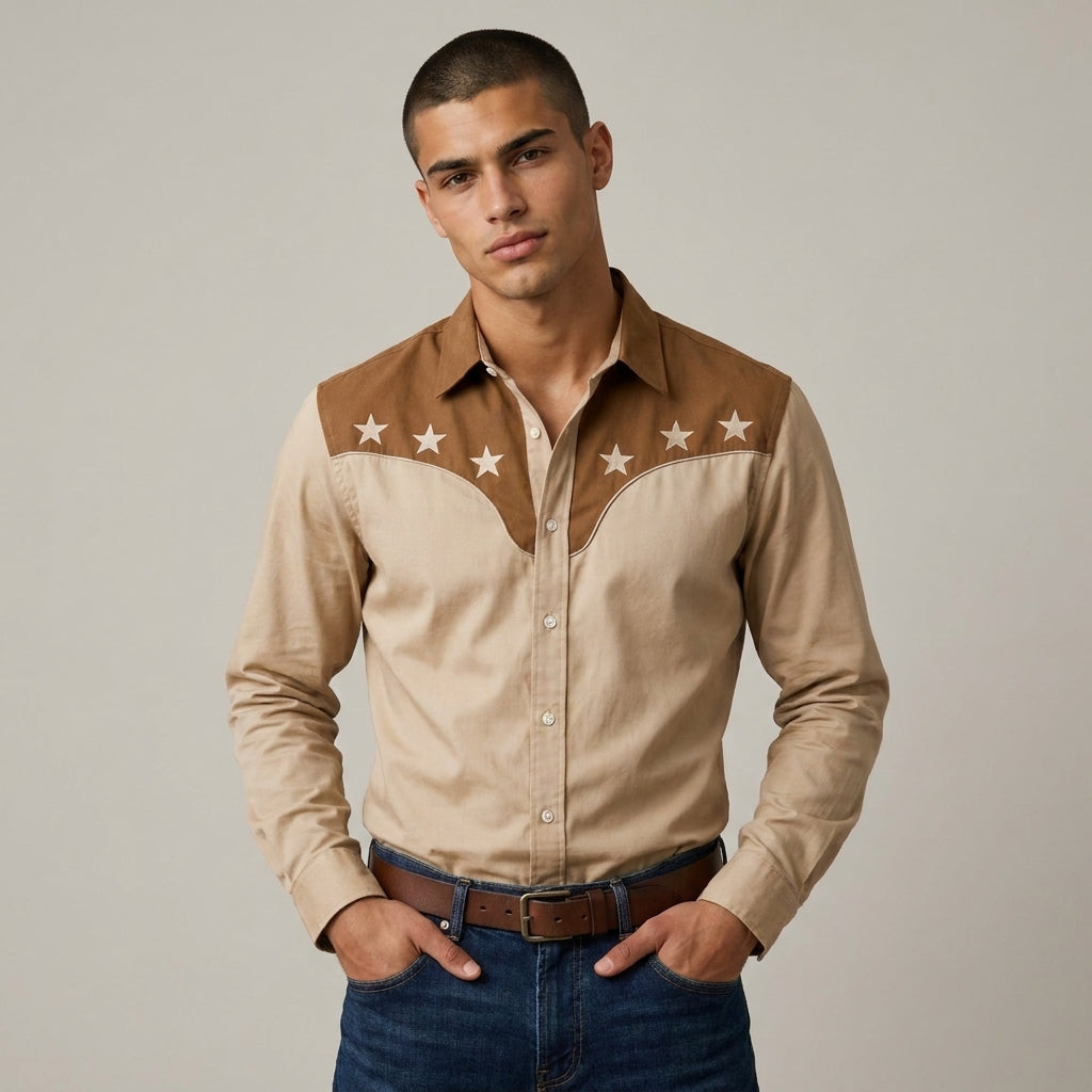 Dama Washington Axel western star embroidered shirt Brown - model front view