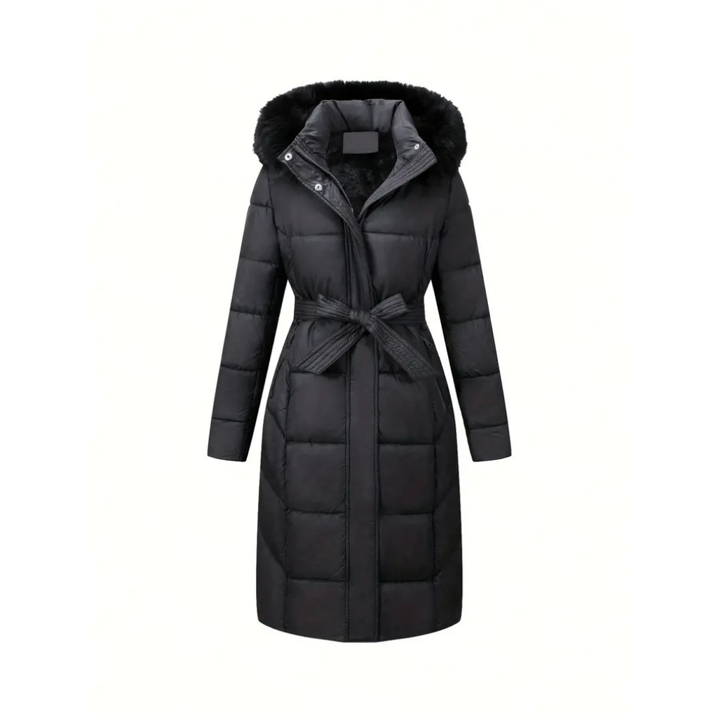 Dama Washington Ada women's puffer coat black faux fur hood belted - front view