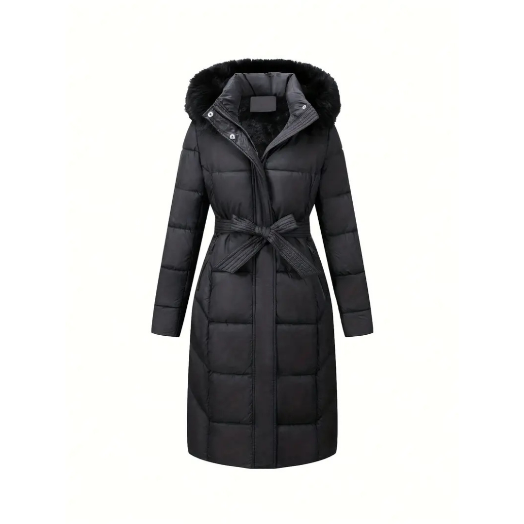 Ada | Women's Puffer Coat Black Faux Fur Hood Belted