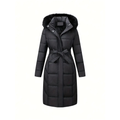 Dama Washington Ada women's puffer coat black faux fur hood belted - front view