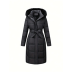 Dama Washington Ada women's puffer coat black faux fur hood belted - front view