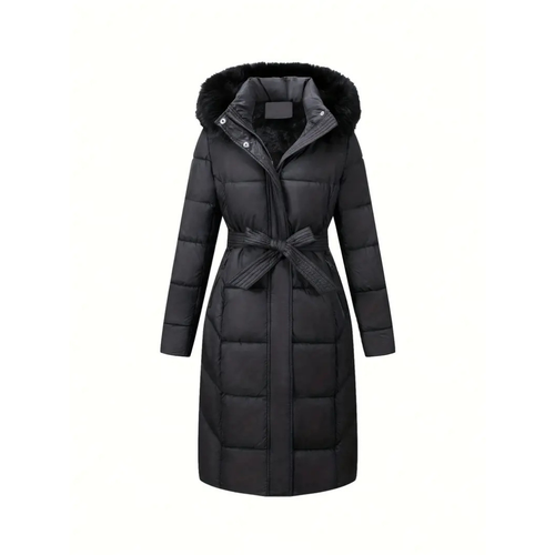 Dama Washington Ada women's puffer coat black faux fur hood belted - front view