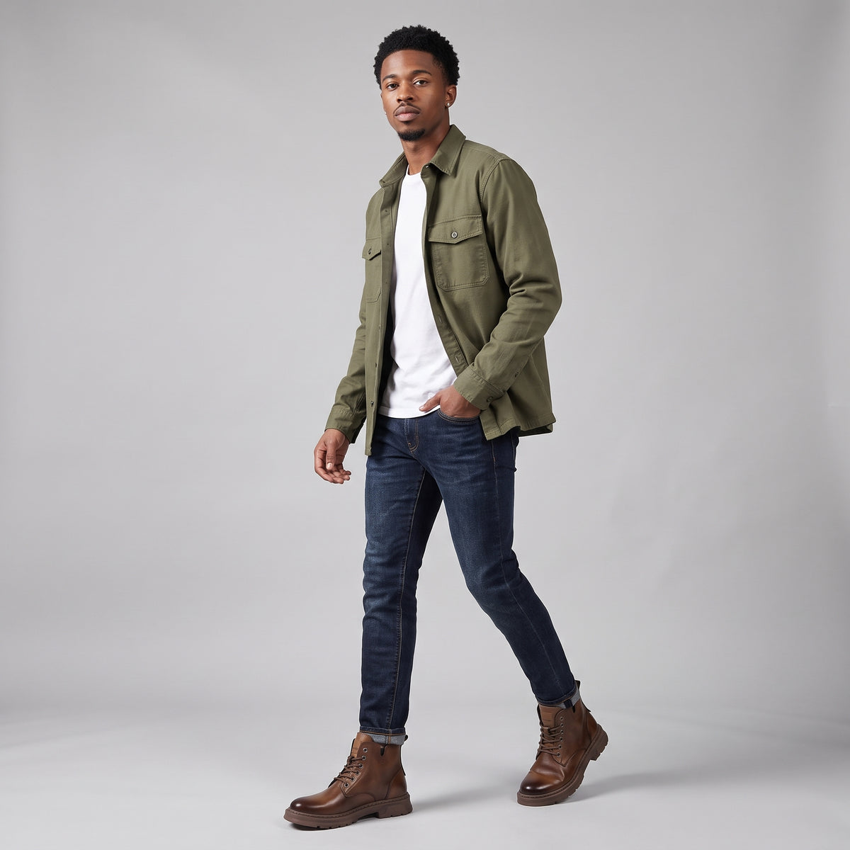 Dama Washington Kade men's leather ankle boots brown lace up work boot - full outfit model view