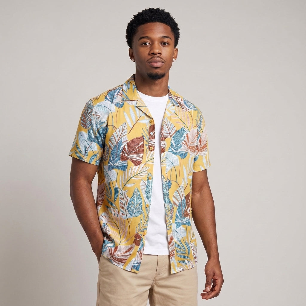 Dama Washington Jayden tropical leaf print Hawaiian shirt Mustard Yellow - model front view