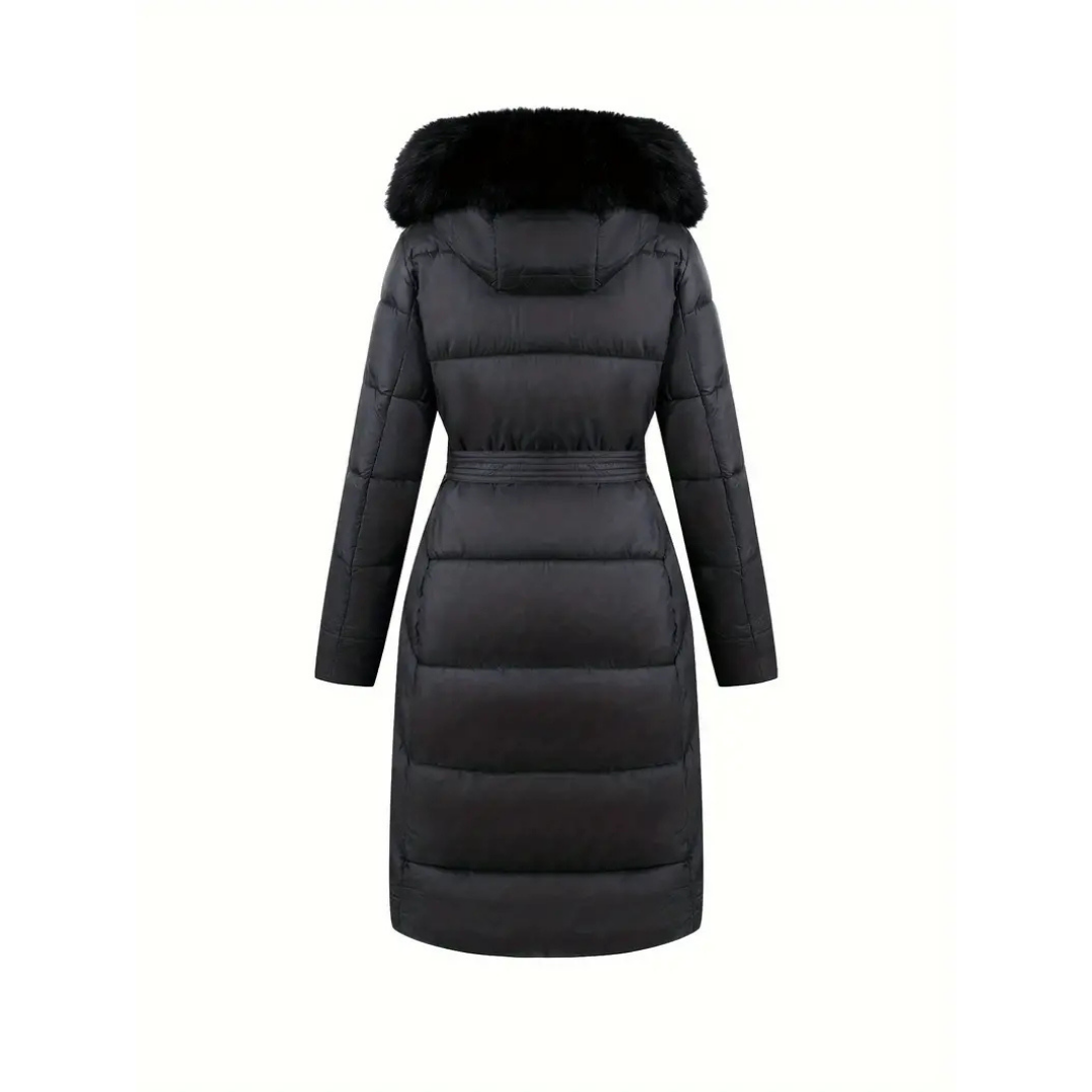 Ada | Women's Puffer Coat Black Faux Fur Hood Belted