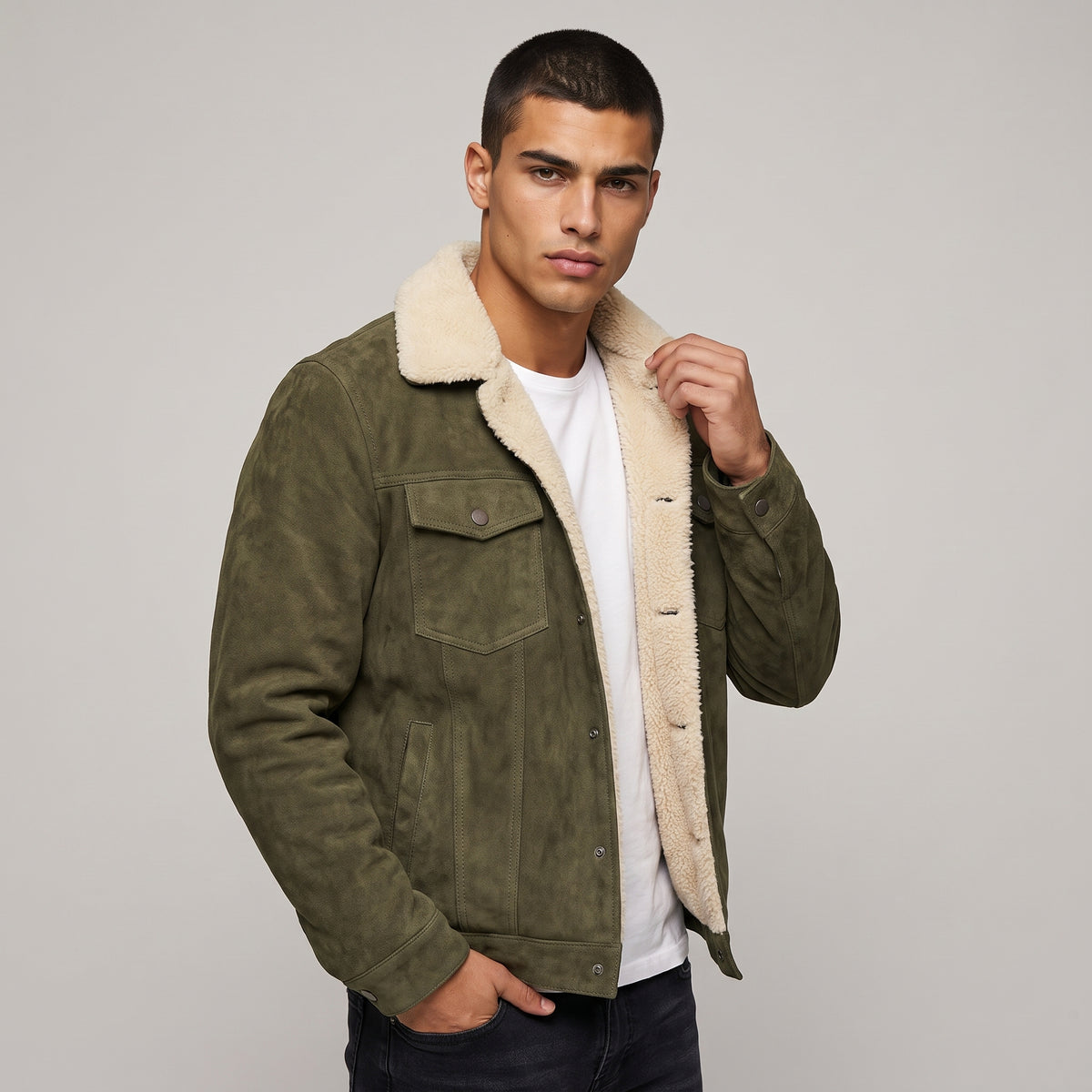 Dama Washington Cole men's suede sherpa lined jacket olive green chest pockets - model front view