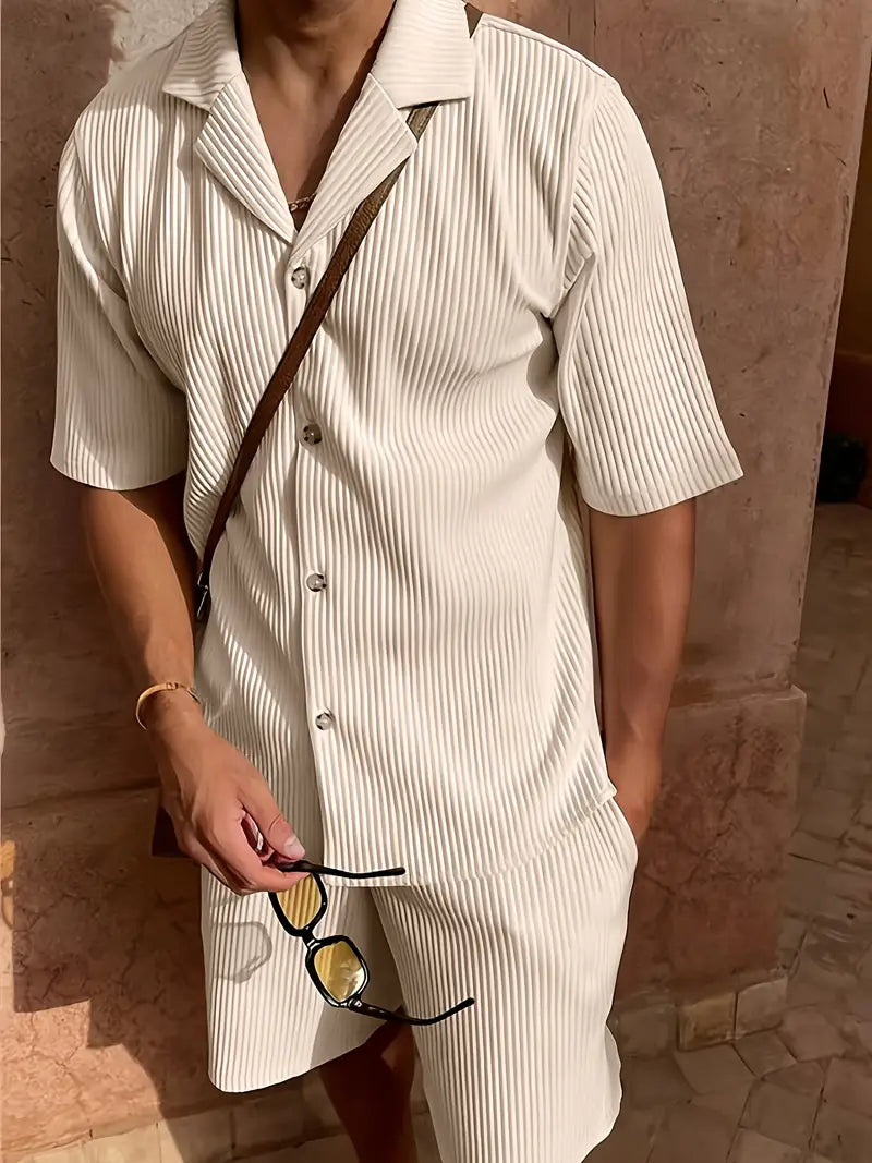 Vera | Men's Ribbed Shorts Set Cream Button Up