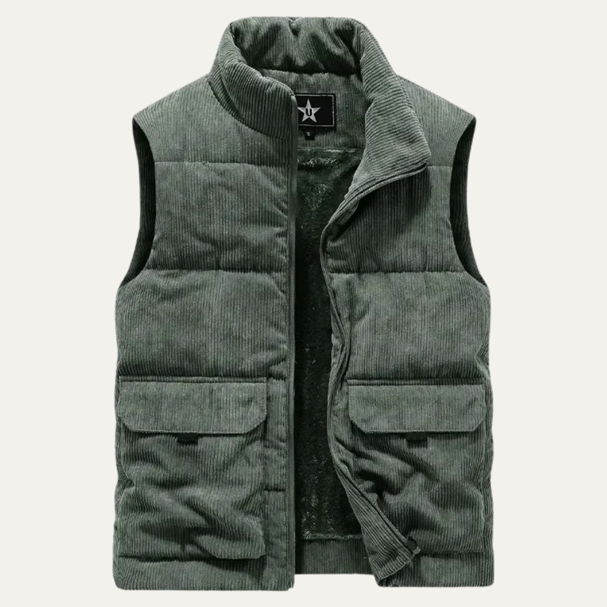 Ash | Men's Corduroy Puffer Vest Tan Cargo Pockets