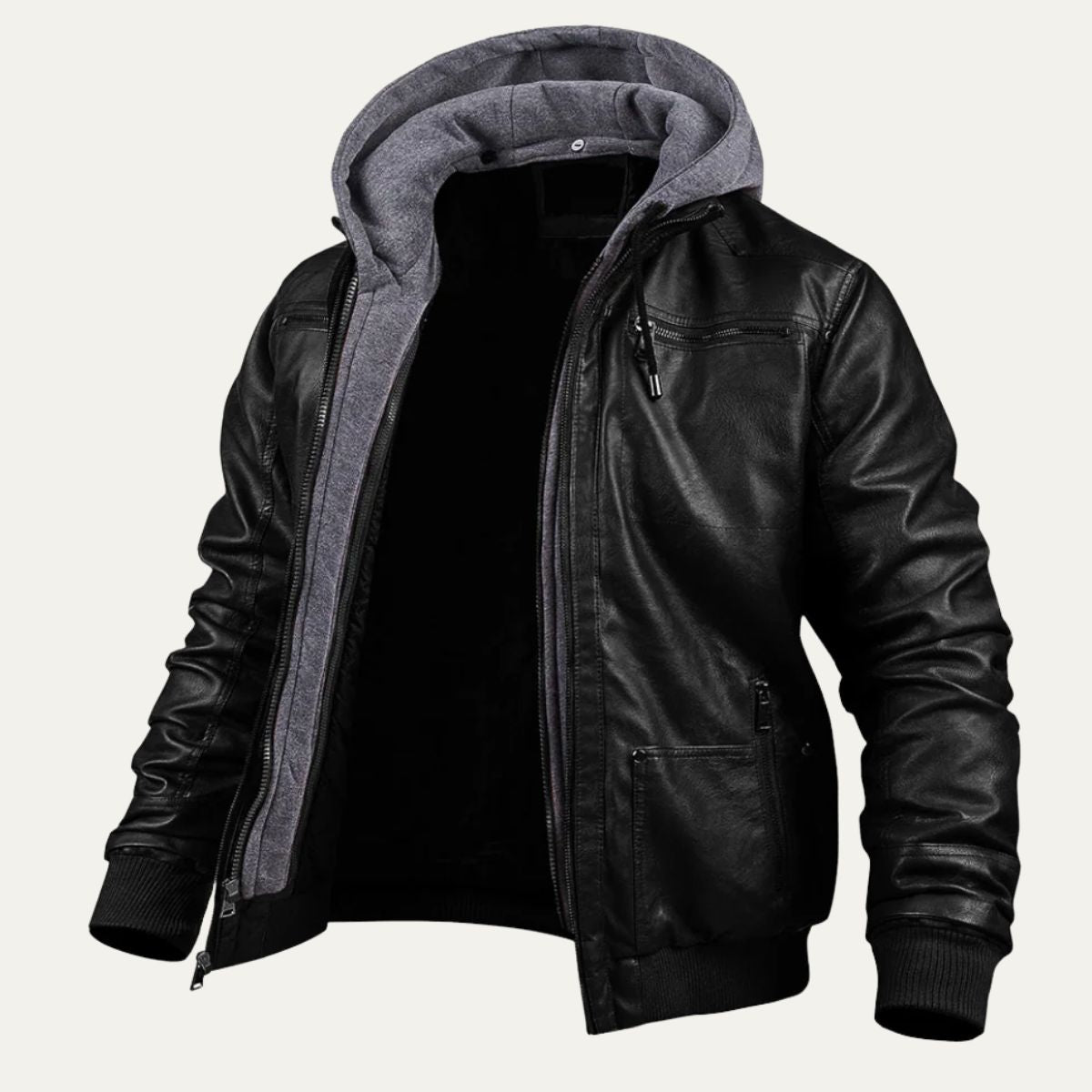 Voss | Men's Leather Jacket Black Hooded Bomber