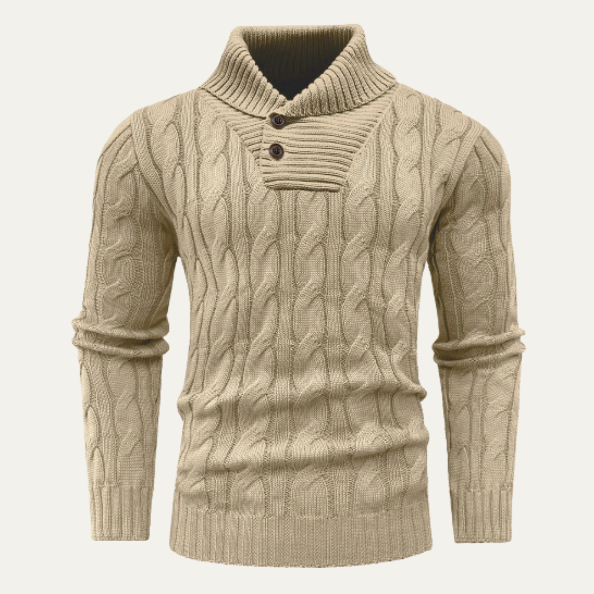 Rowan | Men's Cable Knit Shawl Collar Sweater Cream Button Neck