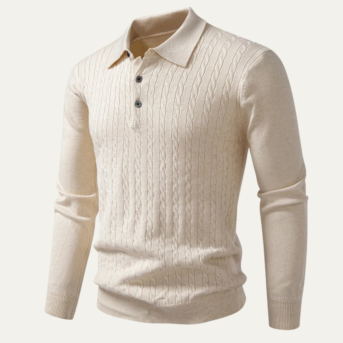 Beau | Men's Cable Knit Polo Sweater Cream Long Sleeve