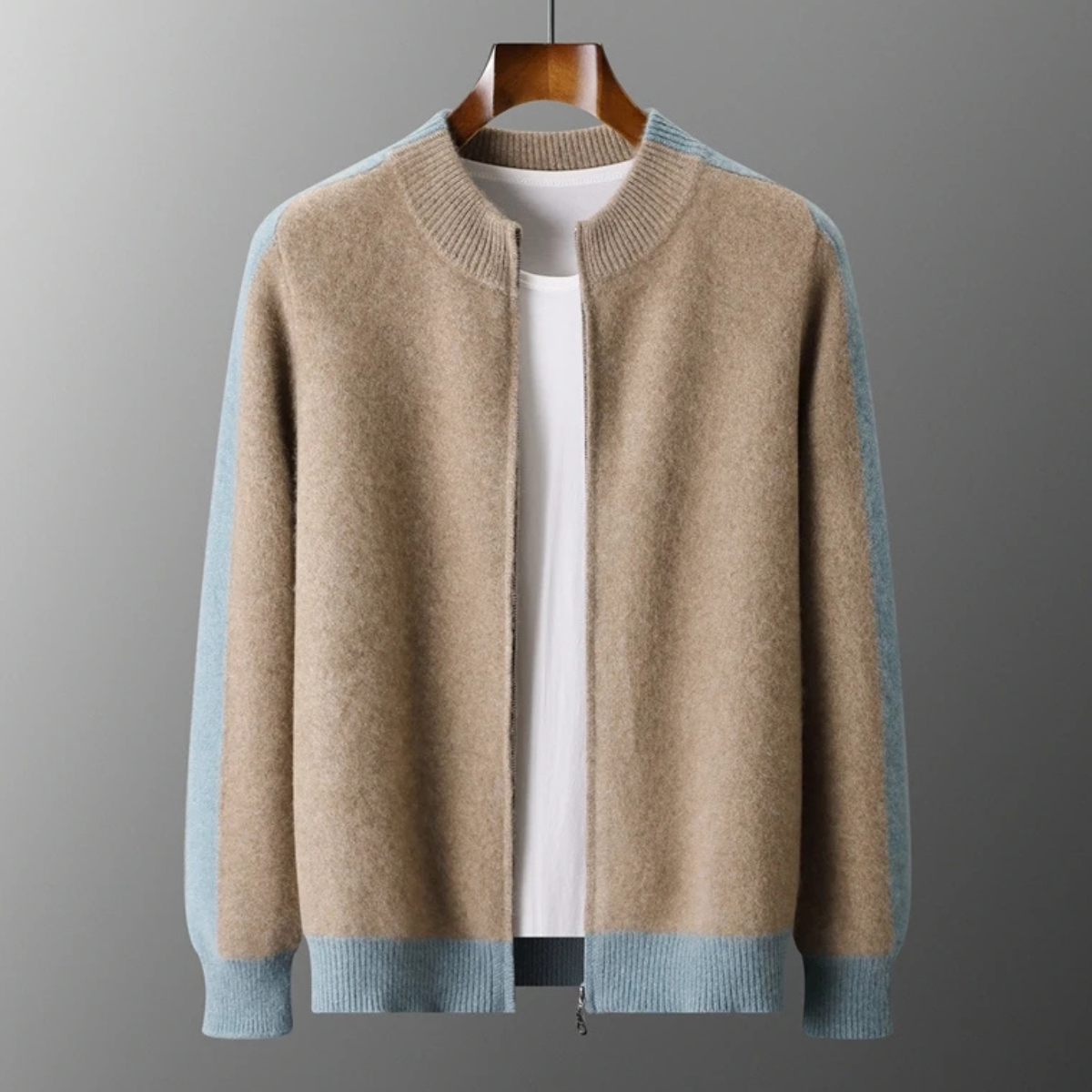 Ines | Men's Colorblock Cashmere Cardigan Cream Light Blue