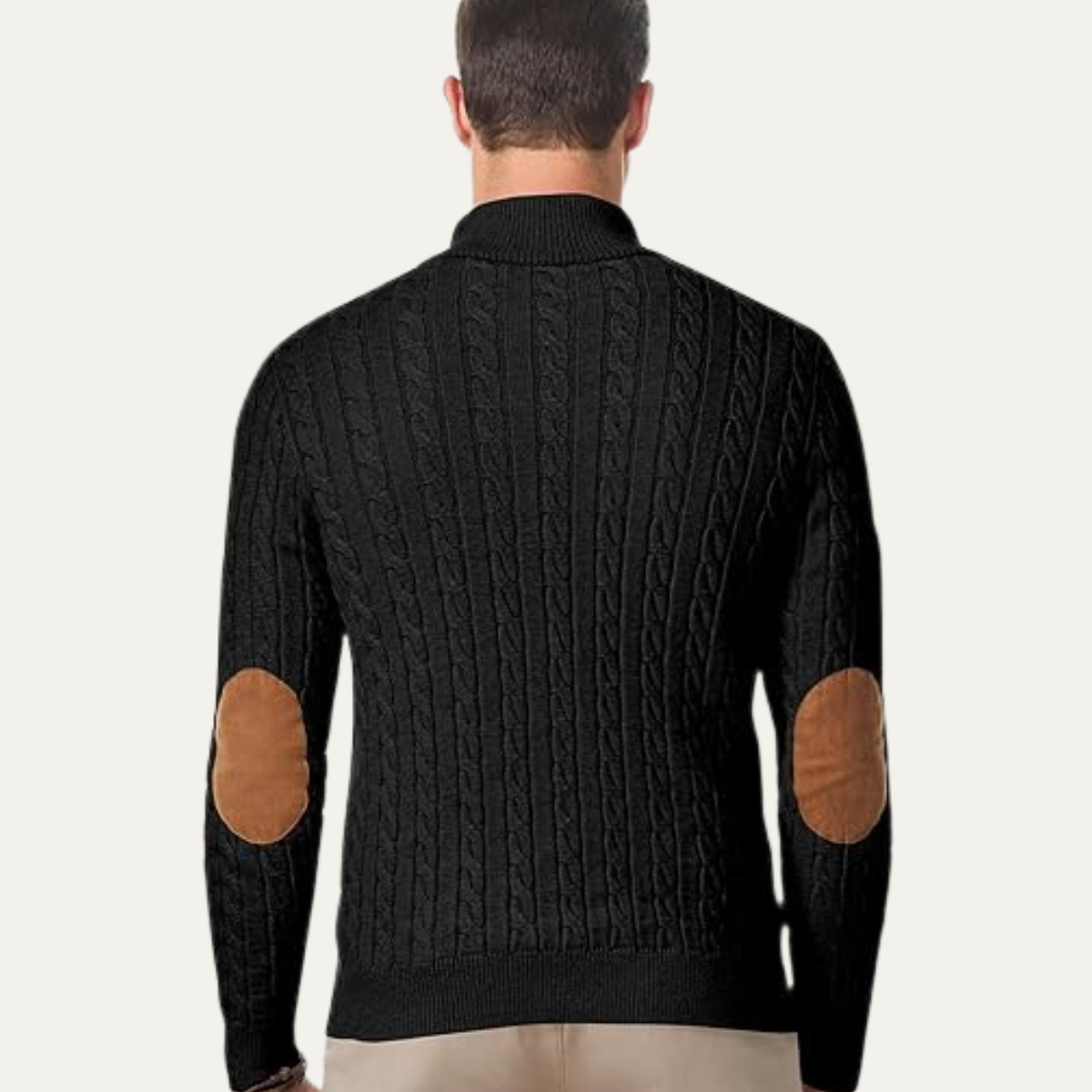 Bram | Men's Cable Knit Sweater Black Elbow Patch Quarter Zip
