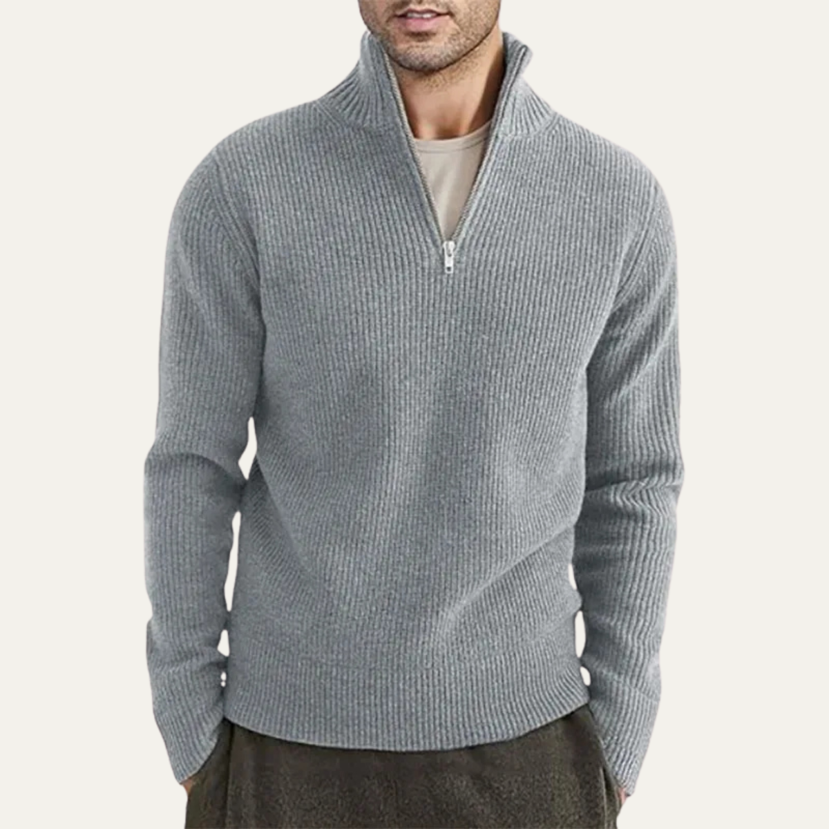 Rowan | Men's Ribbed Quarter Zip Sweater Brown Mock Neck