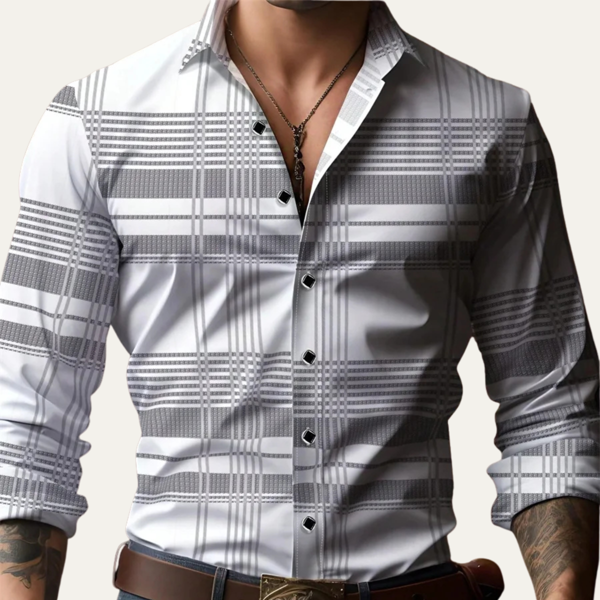 Otto | Men's Plaid Button Up Shirt Gray White Long Sleeve