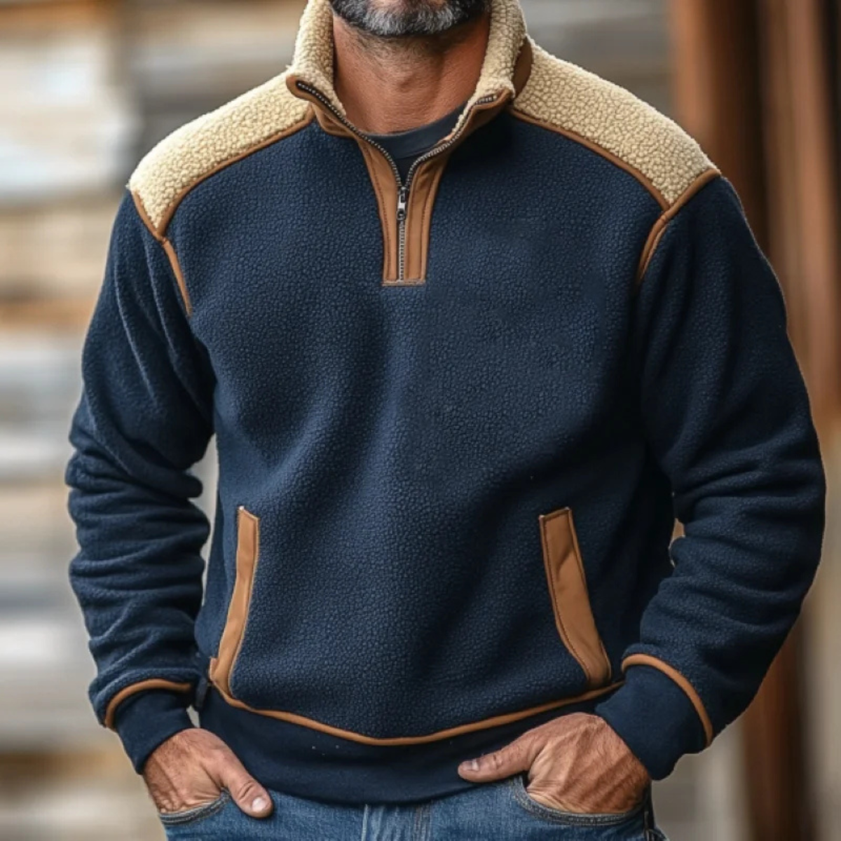 Beau | Men's Quarter Zip Sweater Navy Cream Sherpa Fleece Color Block