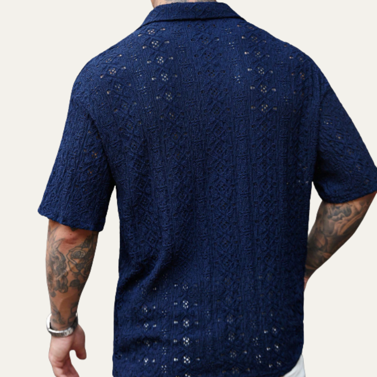 Jasper | Men's Boho Crochet Mesh Linen Shirt Navy Blue