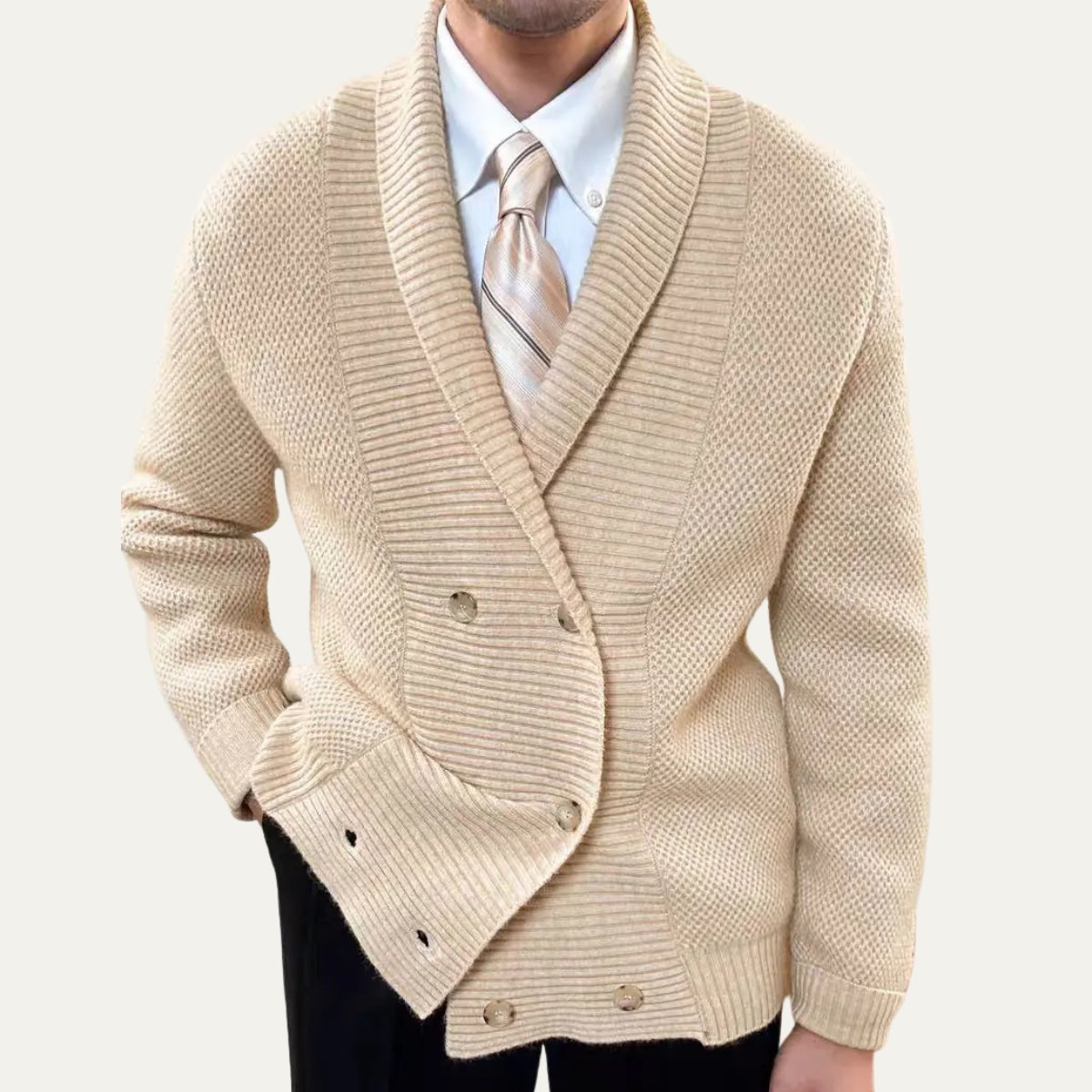 Beau | Men's Double Breasted Cardigan Cream Chunky Knit Shawl Collar