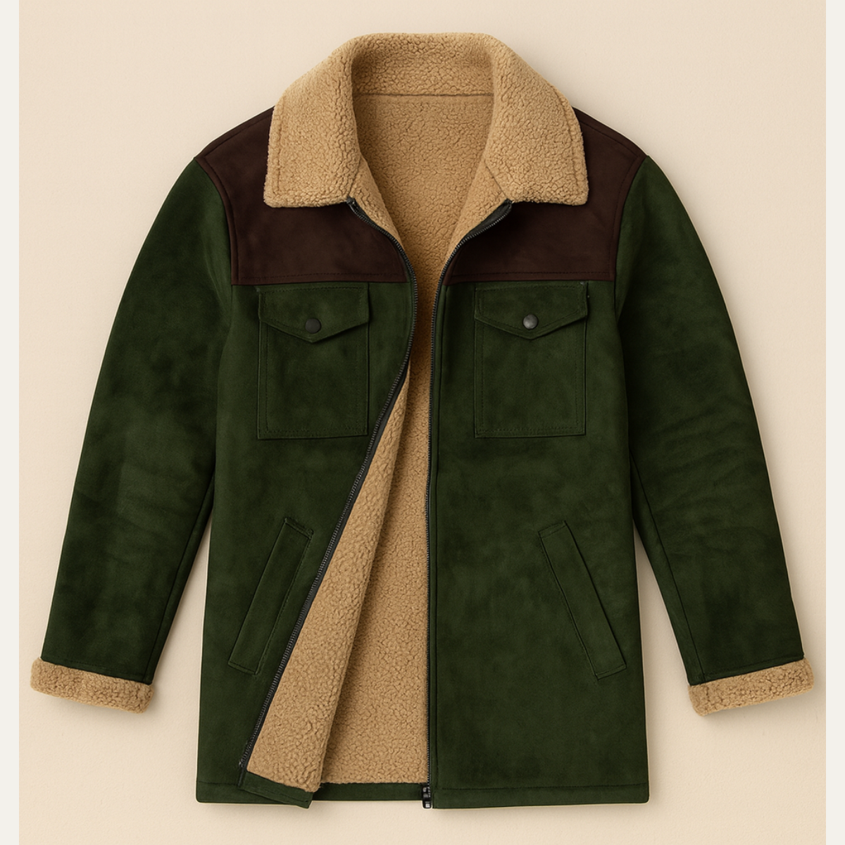 Cole | Men's Suede Sherpa Lined Jacket Olive Green Chest Pockets