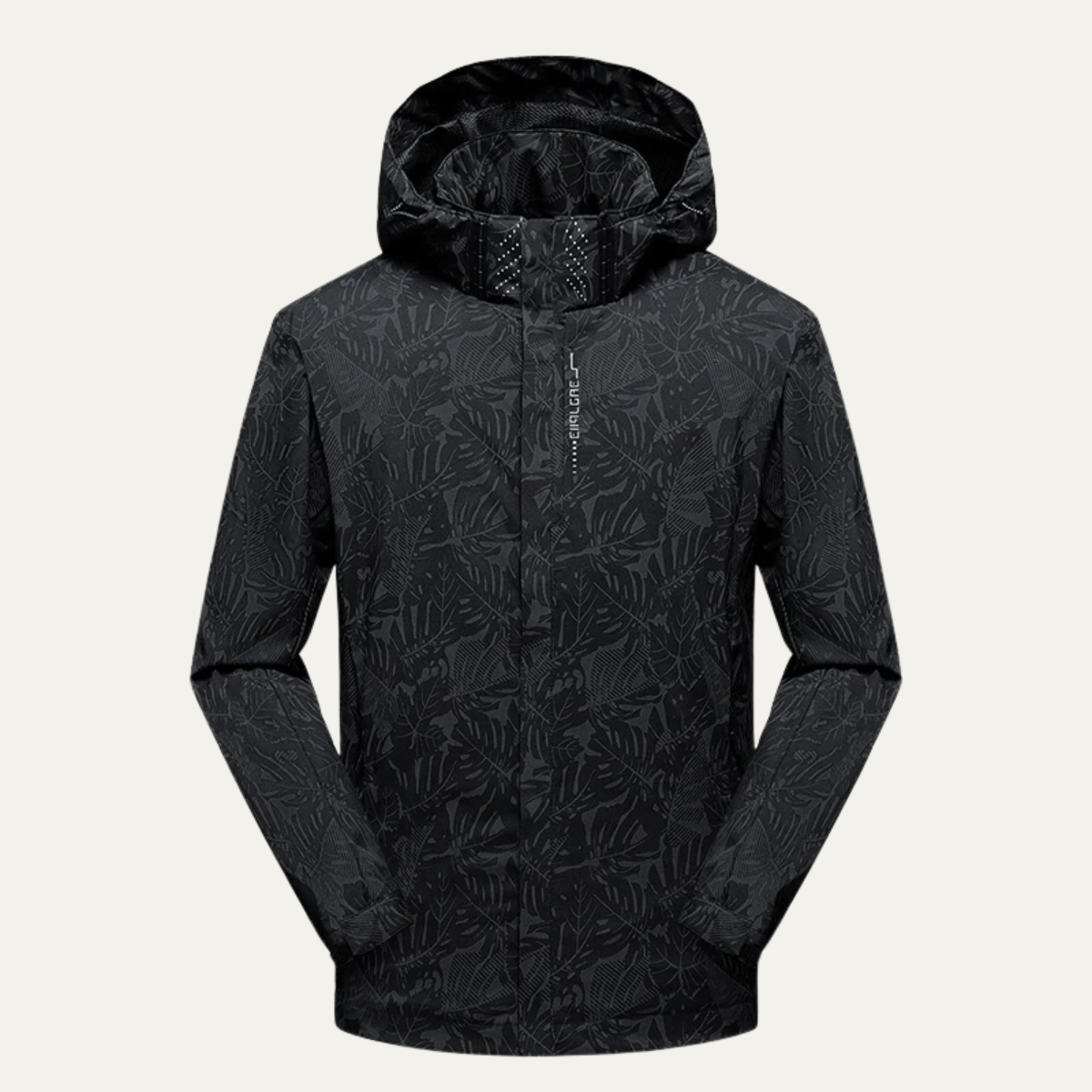 Rhys | Men's Windbreaker Rain Jacket Black Leaf Print Hood