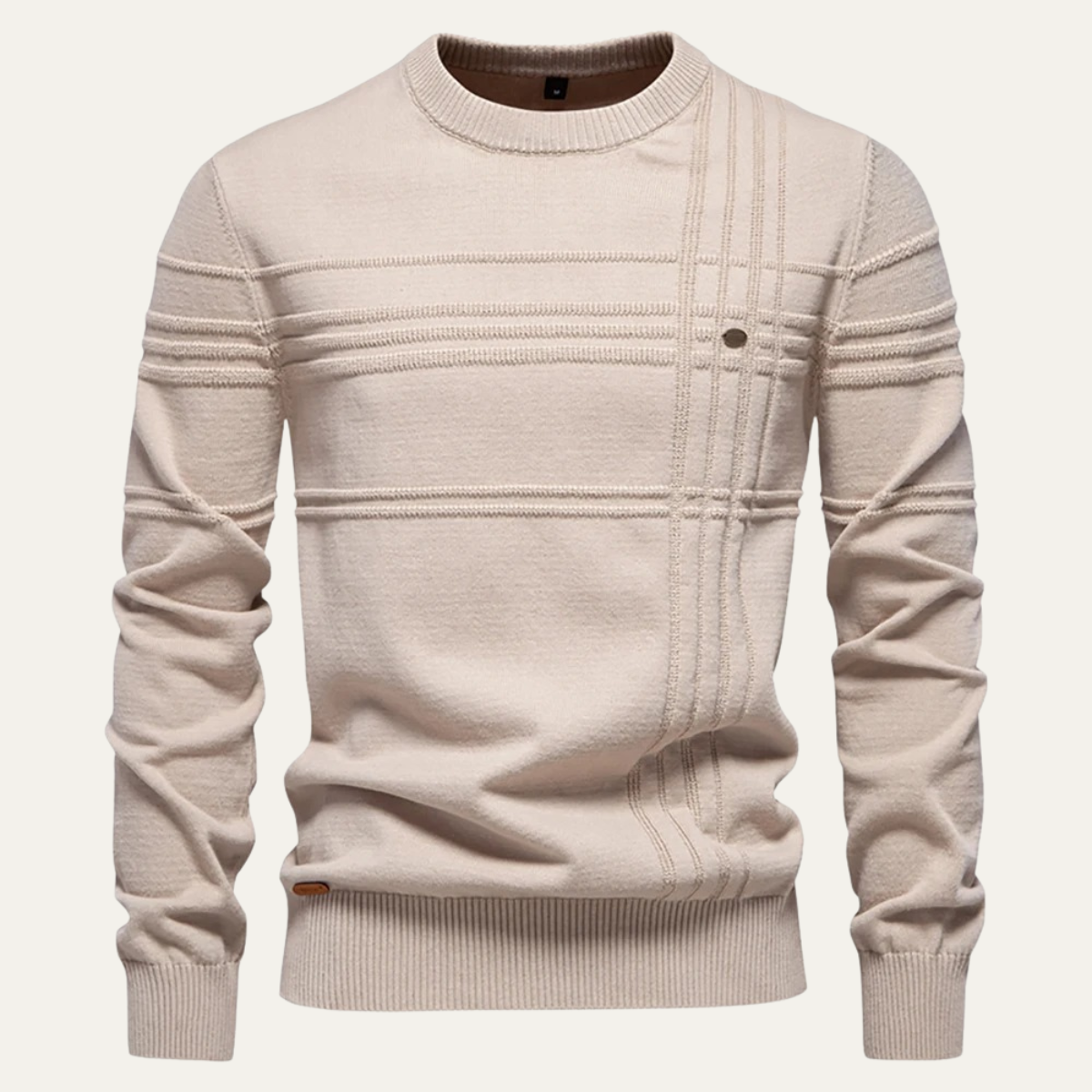 Dama Washington Leo men's crew neck sweater cream cable knit pattern - front view