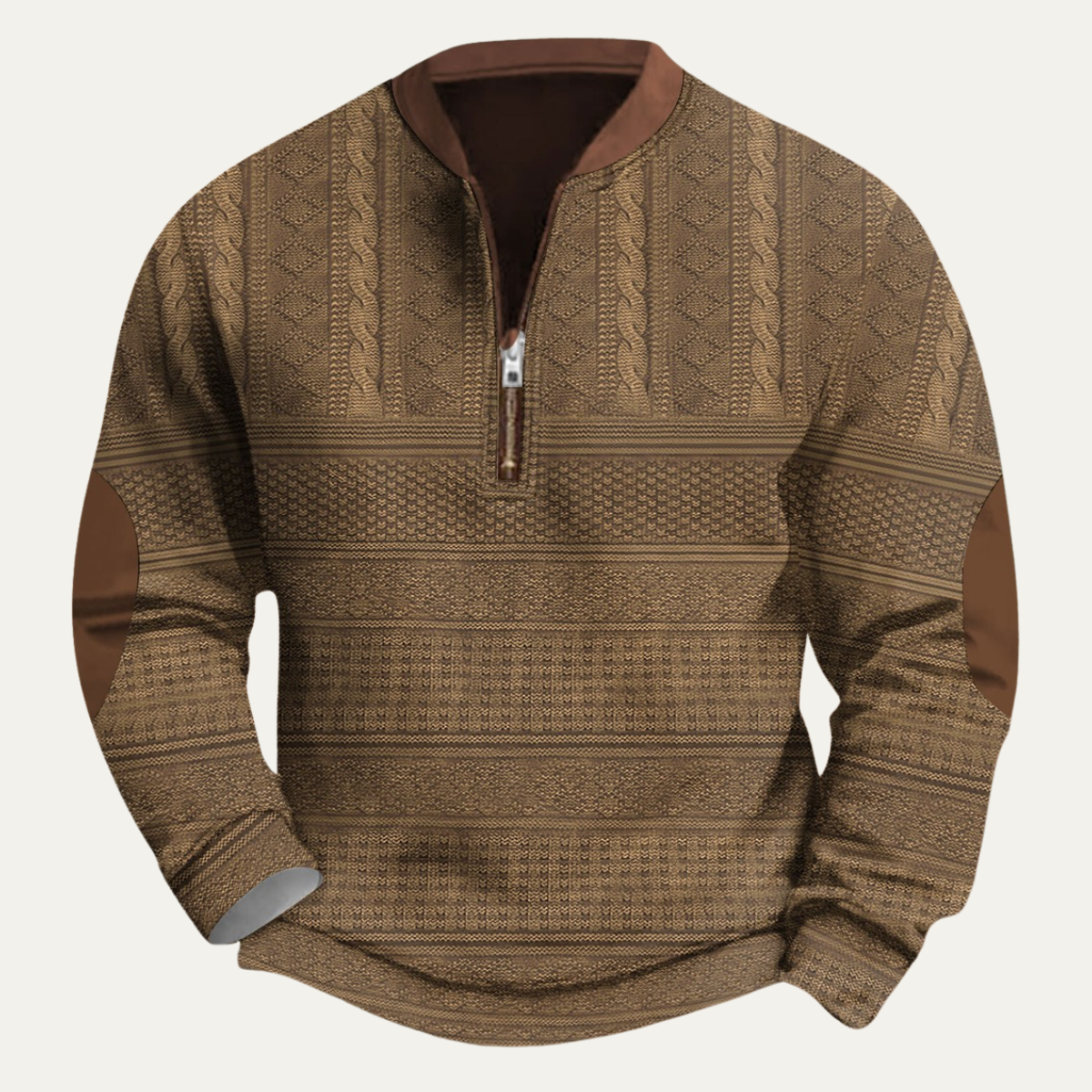 Beau | Men's Cable Knit Sweater Black Brown Elbow Patches Quarter Zip
