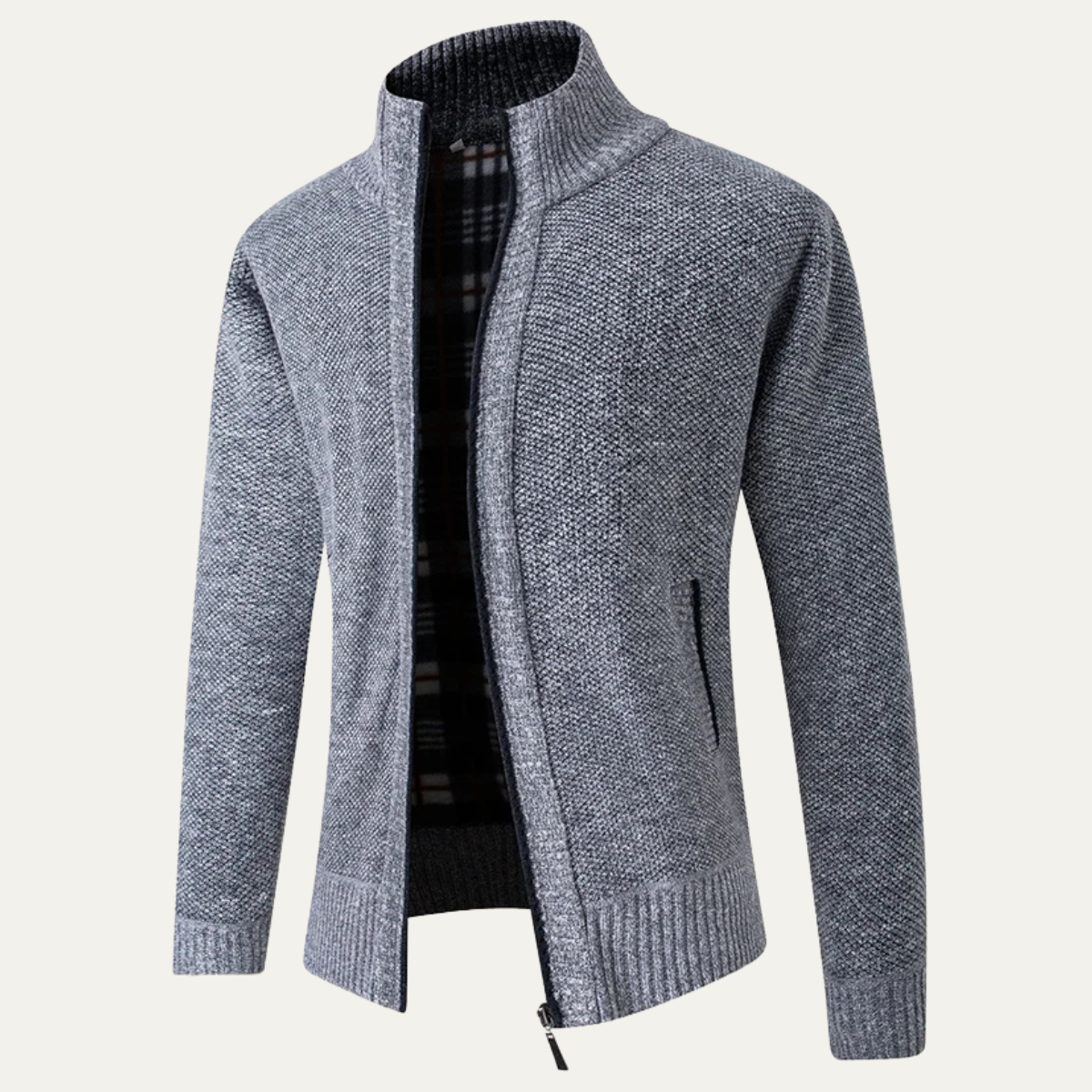 Beau | Men's Zip Up Cardigan Cream Knit Stand Collar