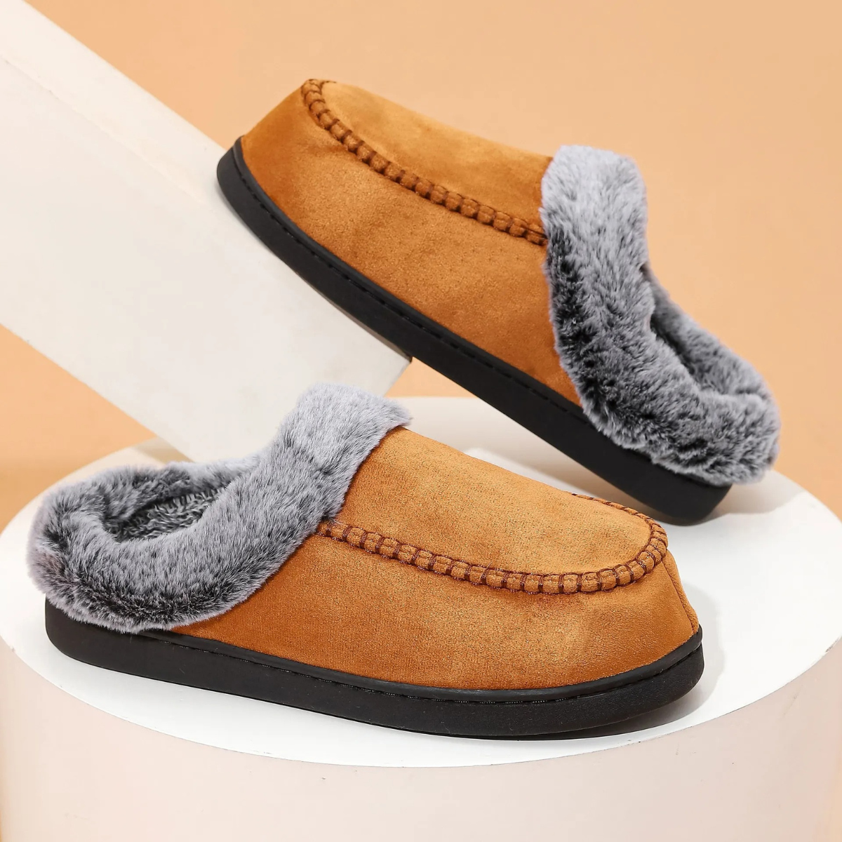 Bram | Men's Faux Fur Lined Slippers Gray Black Sole