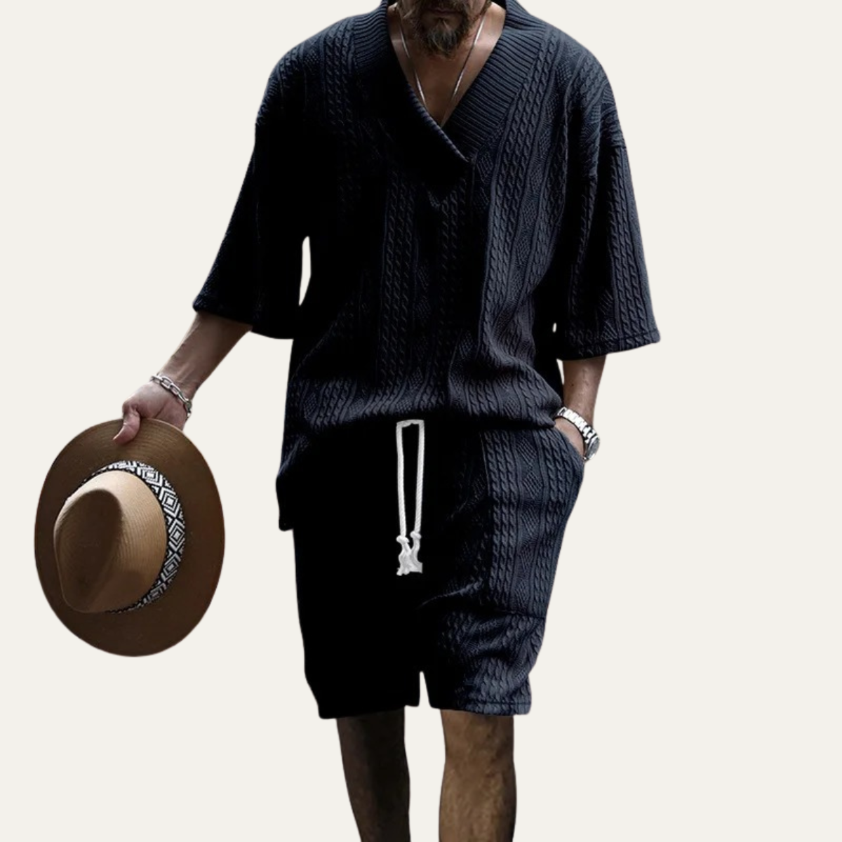 Callum | Men's Sweatsuit Cream Cable Knit V Neck Shorts Set