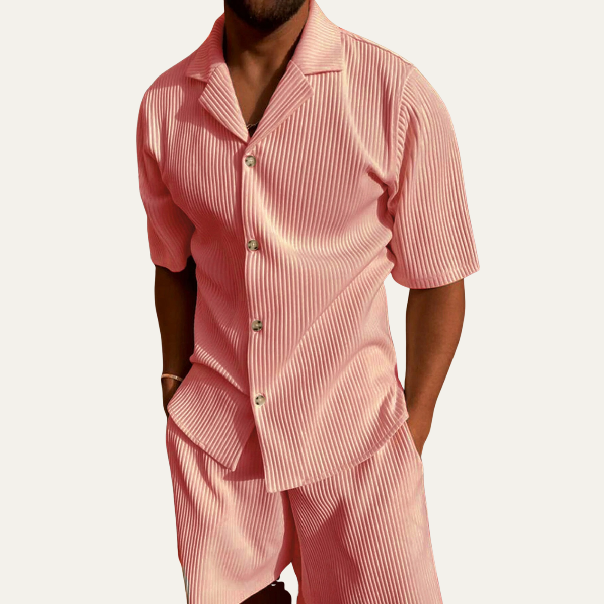 Callum | Men's Sweatsuit Cream Ribbed Short Sleeve