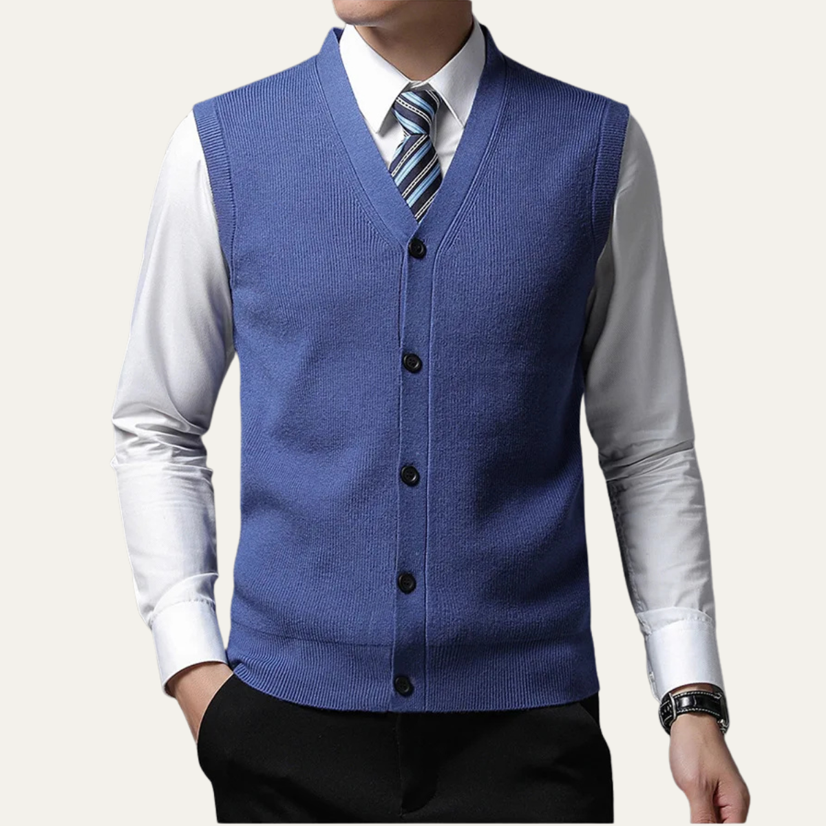 Beau | Men's Sweater Vest Blue Button Up V Neck