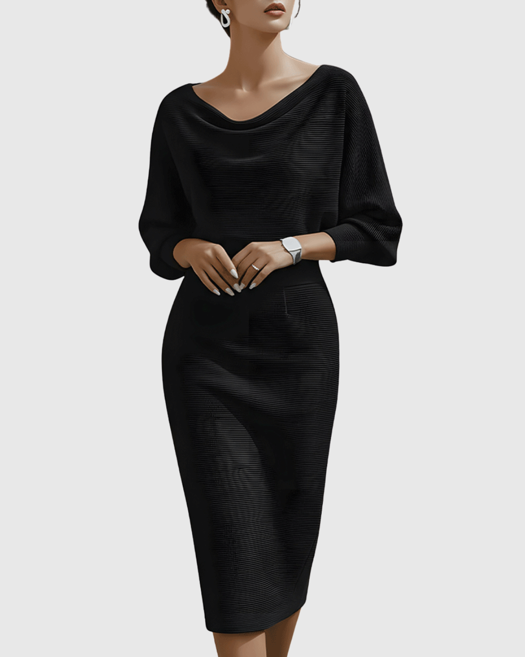 Elise | Women's Cowl Neck Midi Dress Black Long Sleeve