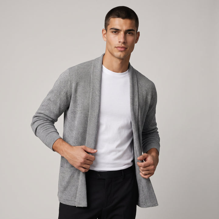 Dama Washington Beau men's cardigan sweater gray long sleeve open front - model front view