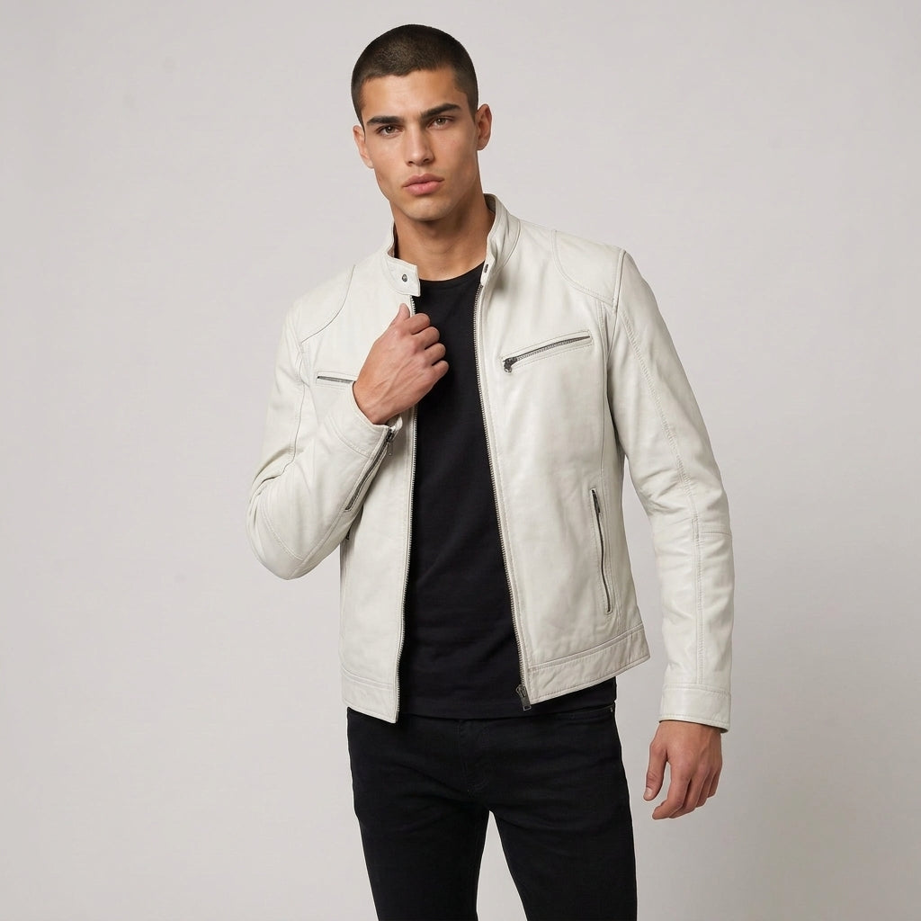 Dama Washington Beau zip up leather jacket White - model front view