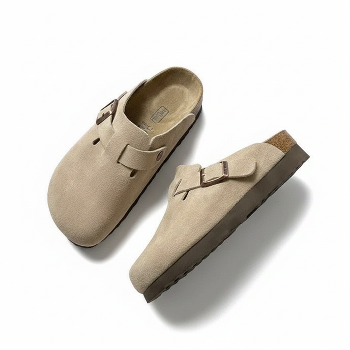 Camille | Women's Suede Clog Cream Buckle Strap Comfort