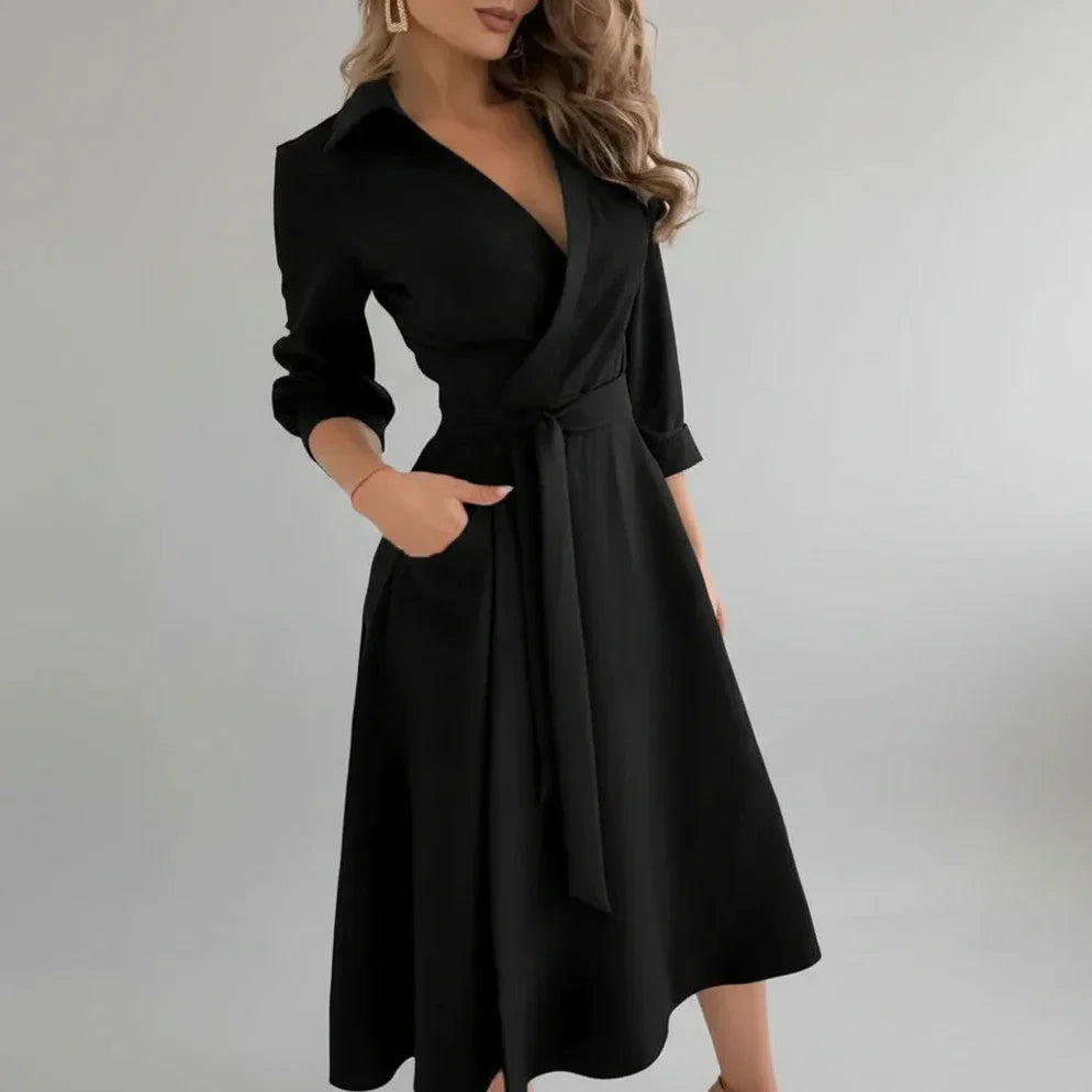 Wren | Women's Wrap Midi Dress Red Long Sleeve Belted