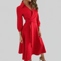 Dama Washington Wren women's wrap midi dress red long sleeve belted - front view