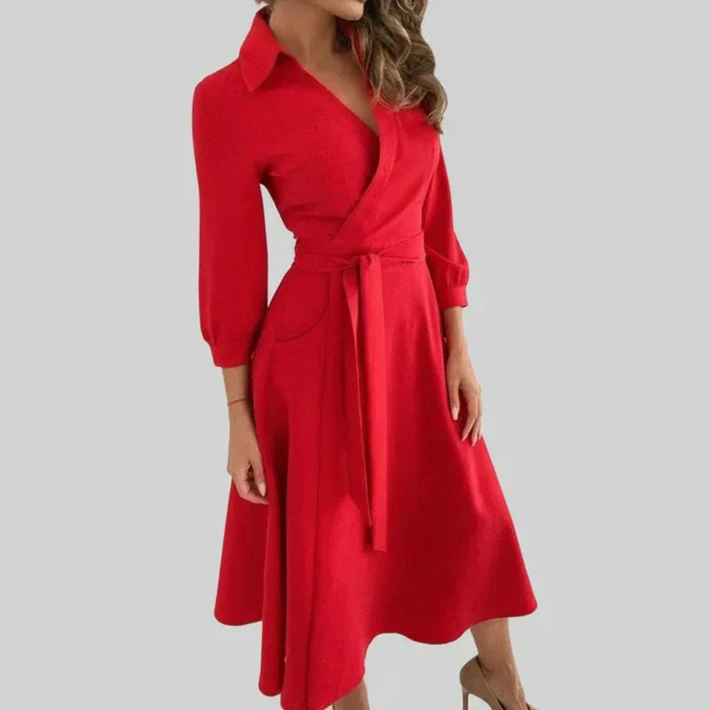 Wren | Women's Wrap Midi Dress Red Long Sleeve Belted