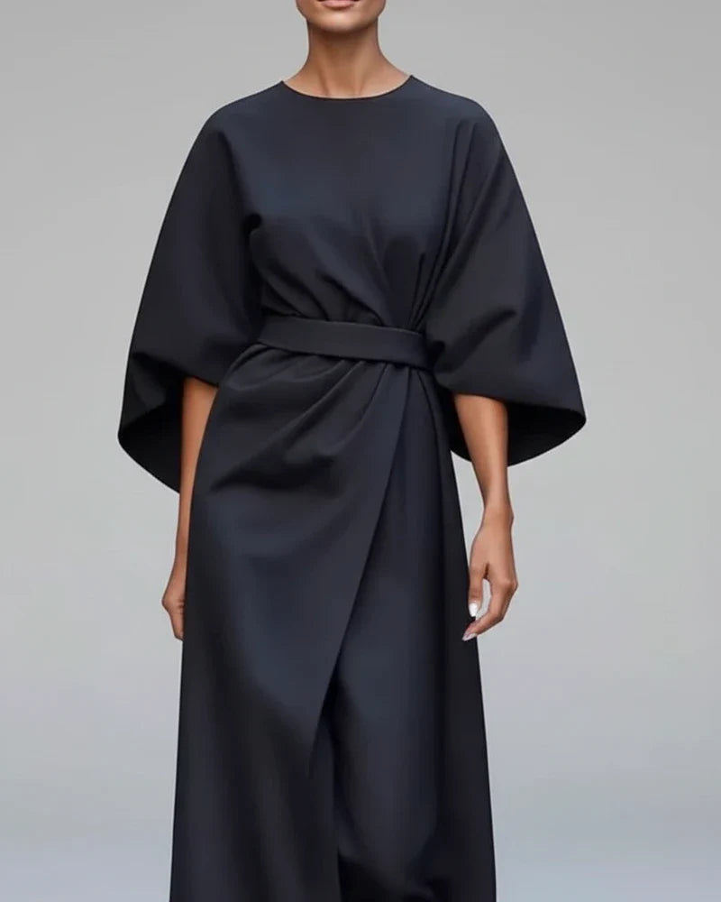 Mia | Women's Wrap Midi Dress Black Half Sleeve Belted