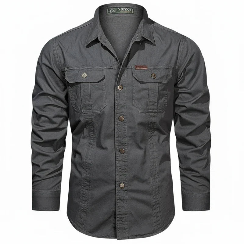 Axel | Men's Utility Cotton Button Up Shirt Cream Long Sleeve