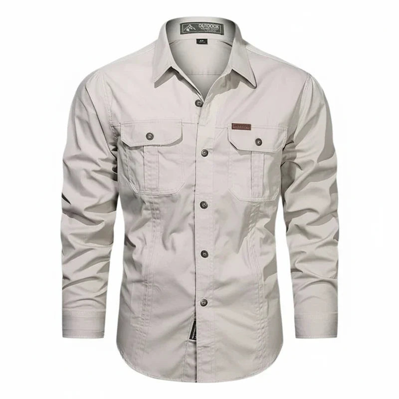 Axel | Men's Utility Cotton Button Up Shirt Cream Long Sleeve
