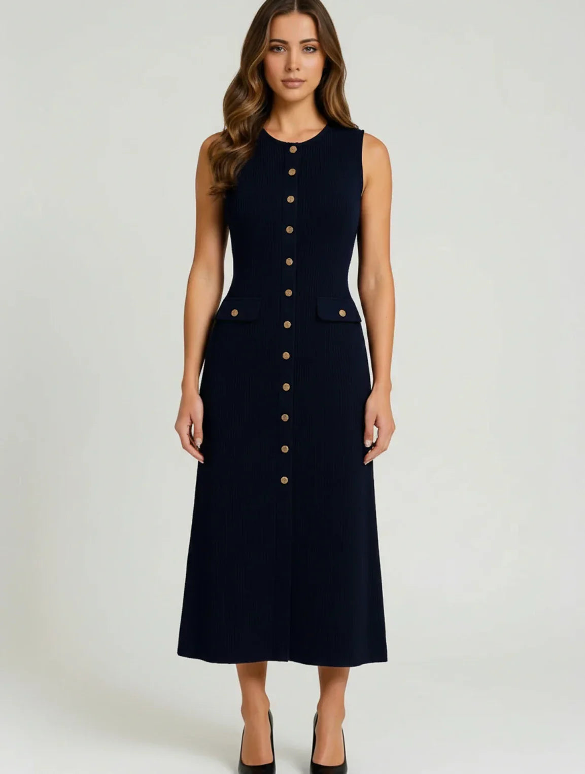 Maeve | Women's Midi Dress Button Front Black Knit