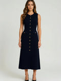 Dama Washington Maeve women's midi dress button front black knit - front view