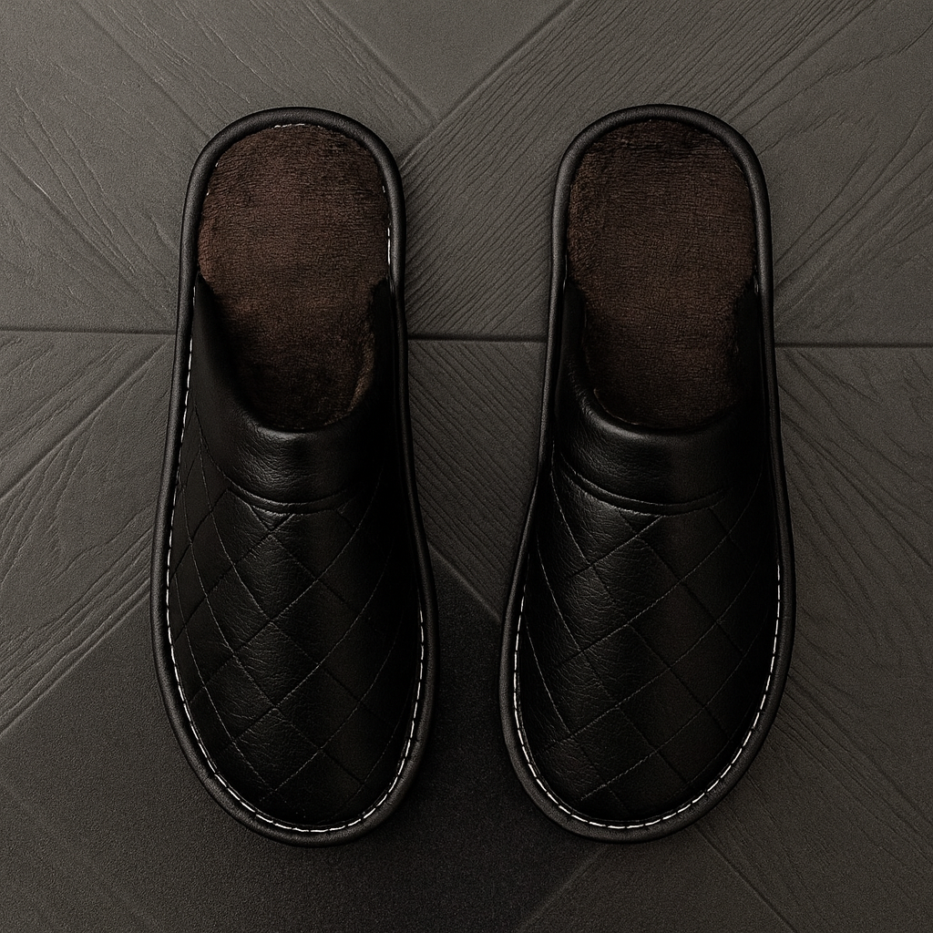 Beau | Men's Quilted Slippers Black Leather Warm Indoor House Shoes